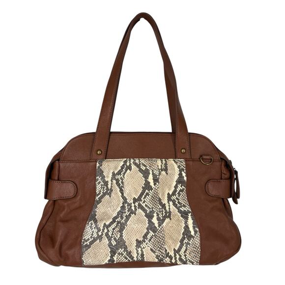 Chi By Carlos Falchi Leather Bag Satchel Brown Snakeskin Accent Boho Western - Picture 1 of 10